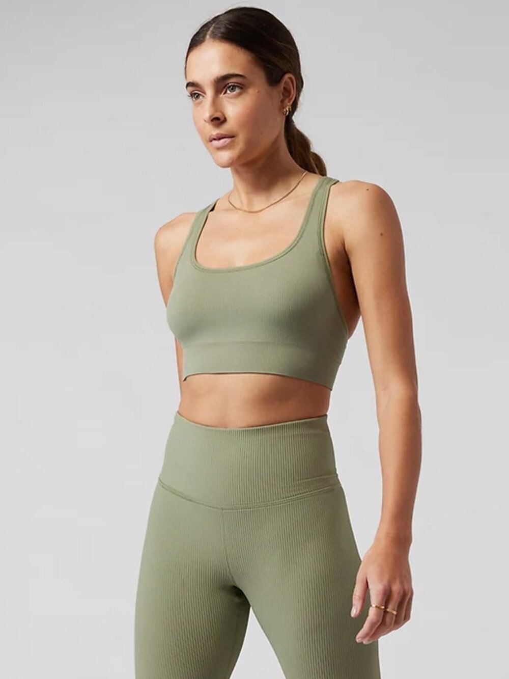Athleta Aurora Scoop Bra Ribbed Knit Sports Bralette Eucalyptus Olive Green XL